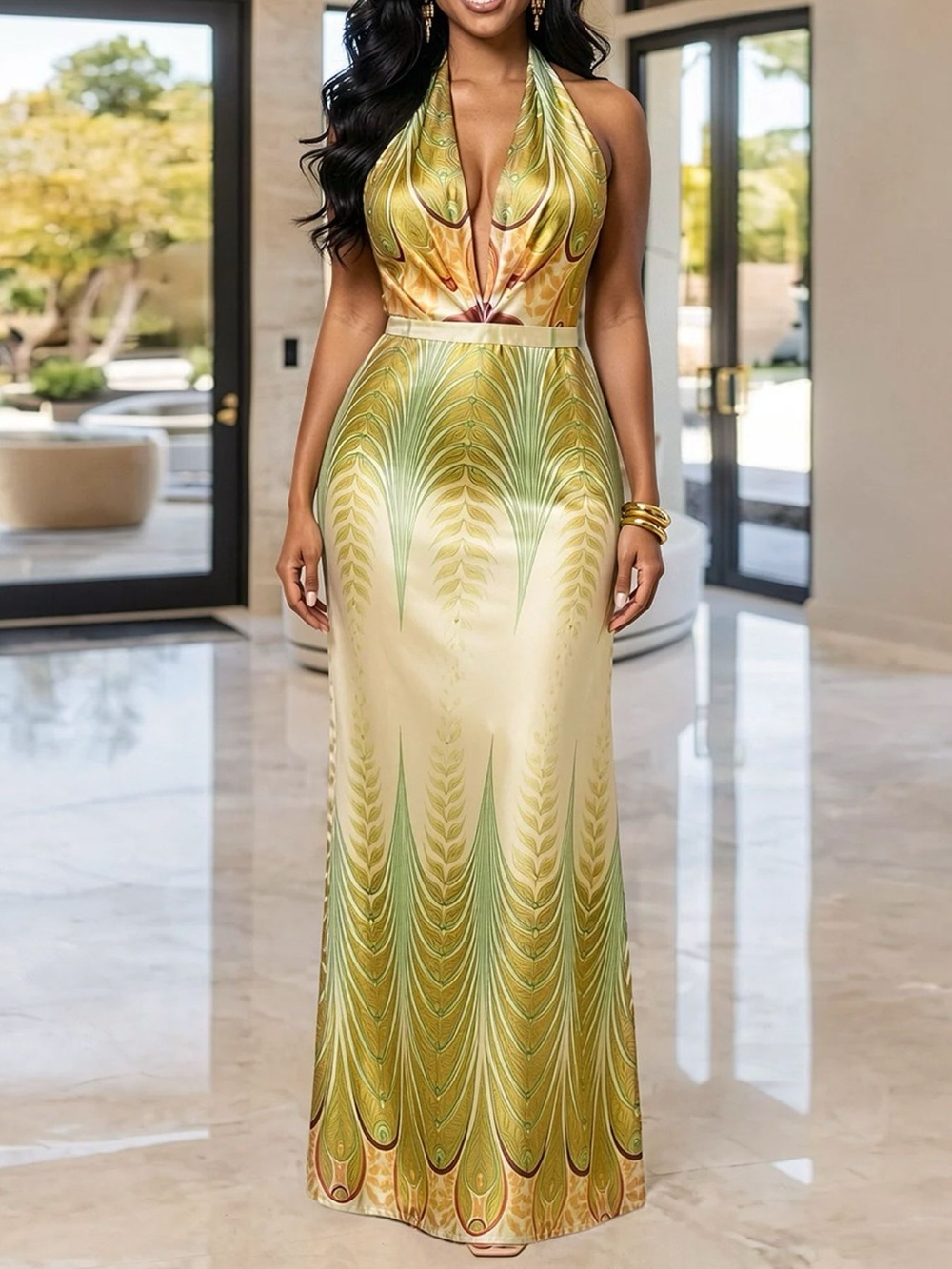 Elegant Halter Neck Maxi Dress with Gradient Leaf Print